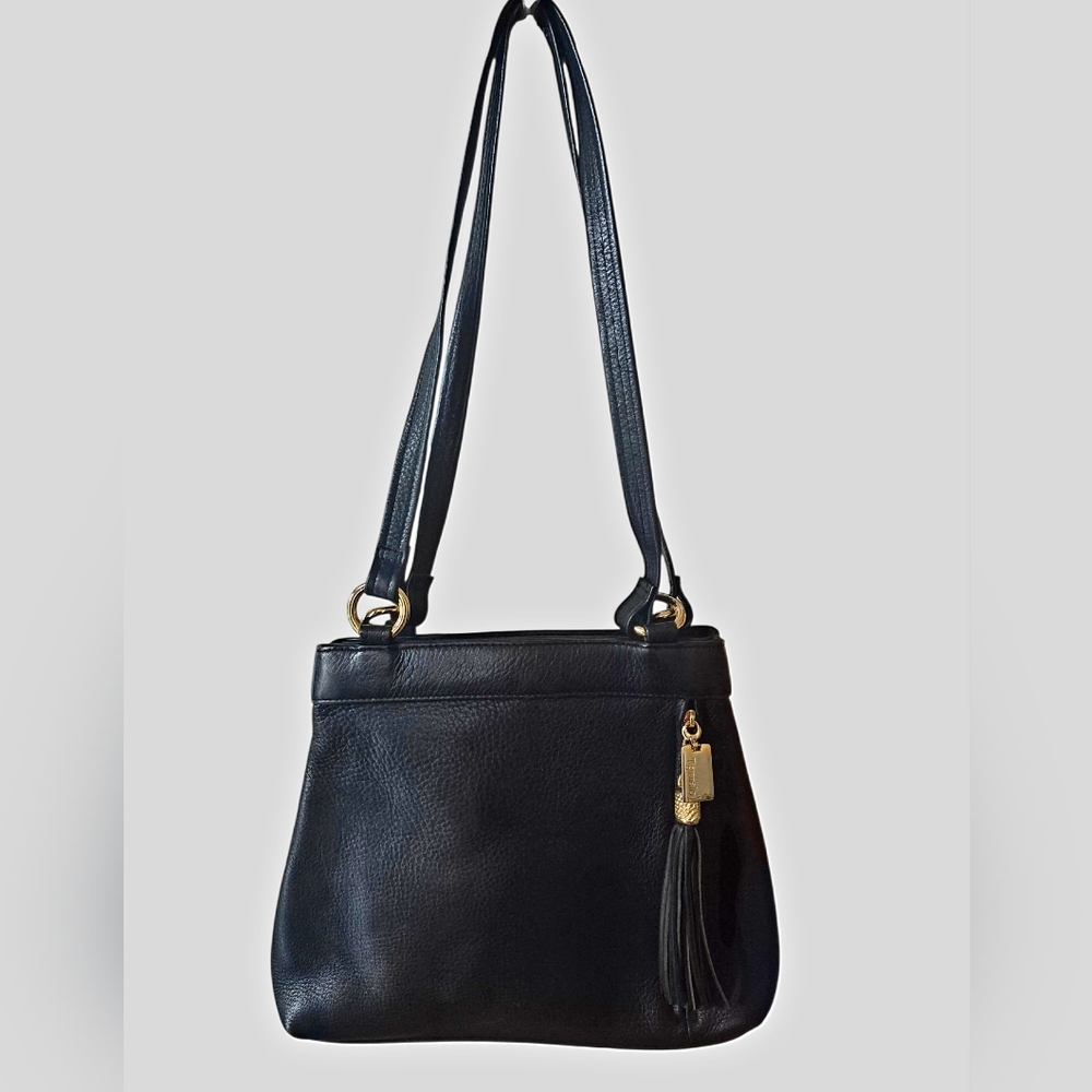 Tignanello Black Leather Shoulder Bag with Gold Accents